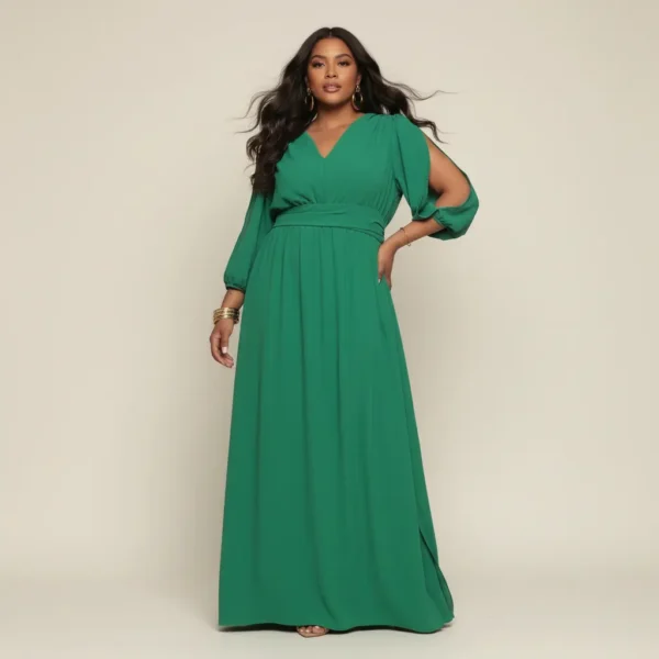 Cód. 35 - Vestido Longo Plus Size Feminino Fenda Manga 3/4 Elegante