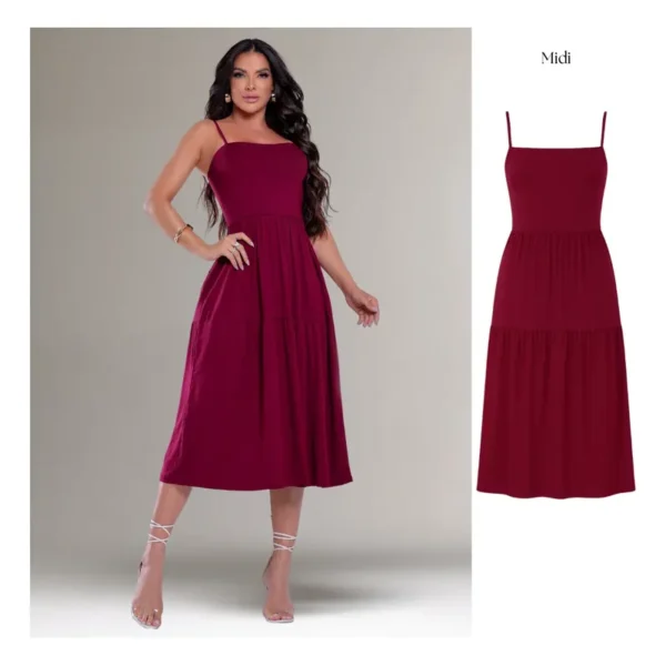 Cód. 48 - Vestido Verão Elegante Midi Feminino Liso Alça Casual