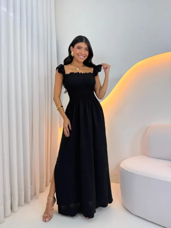 Cód. 26 - Vestido Longo Feminino Casual Lastex Alcinha Fenda Barato