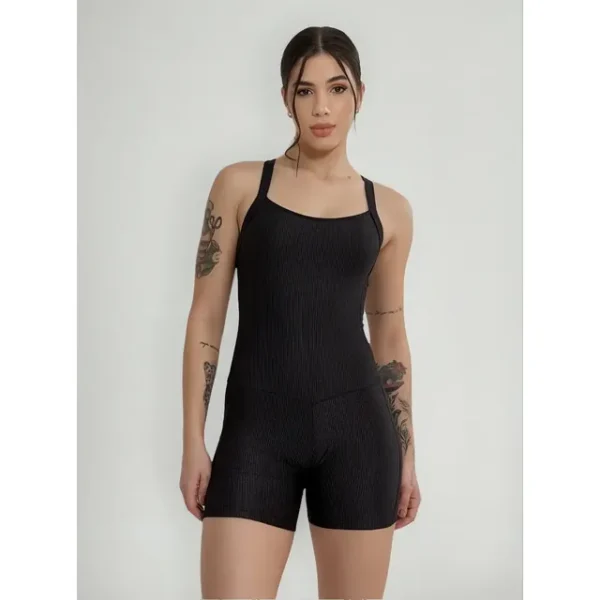 Cód. 112 - Macaquinho Feminino Fitness Curto Academia Canelado Liso