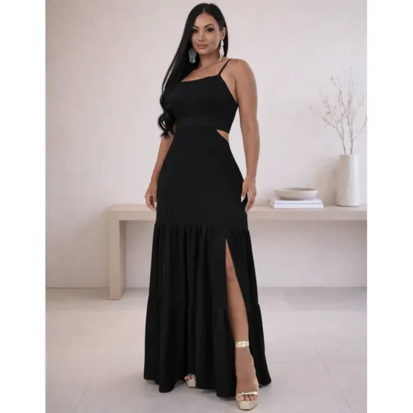 Cód. 43 - Vestido Longo Com Fenda Elegante Elastex Costas Confortavel