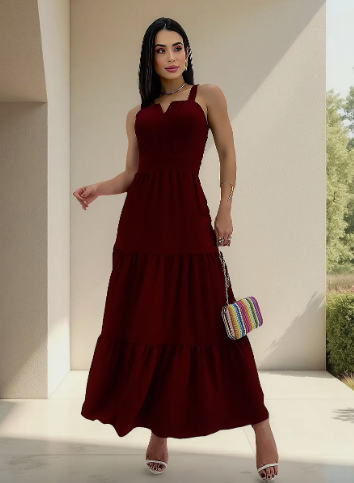 Cód. 62 - Vestido Feminino Longo Alcinha Camadas Acinturado Elegante