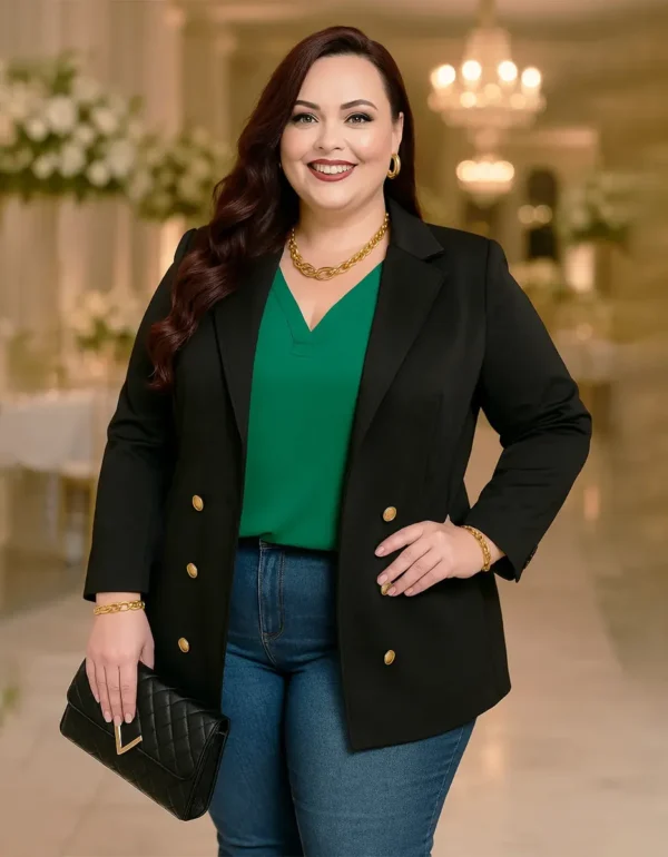Cód. 1561 - Blazer Longo Plus Size Neoprene Detalhe Botões Dourados Luxo