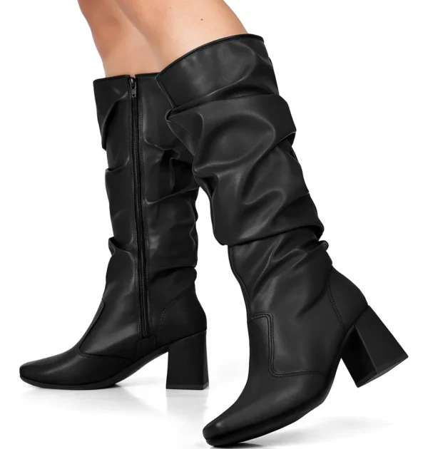 Cód. 1560 - Bota Feminina Lumiss Enrugada Slouchy Cano Alto Salto Bloco